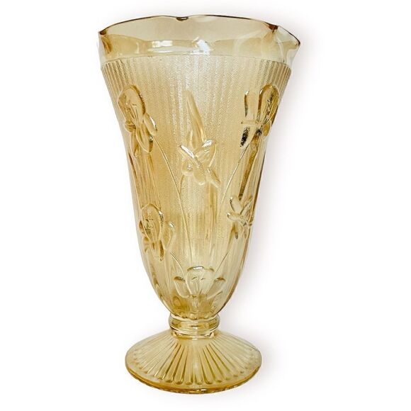 Vintage Jeanette Glass Iris Iridescence Herringbone Carnival Flower 9” Vase - Picture 3 of 16